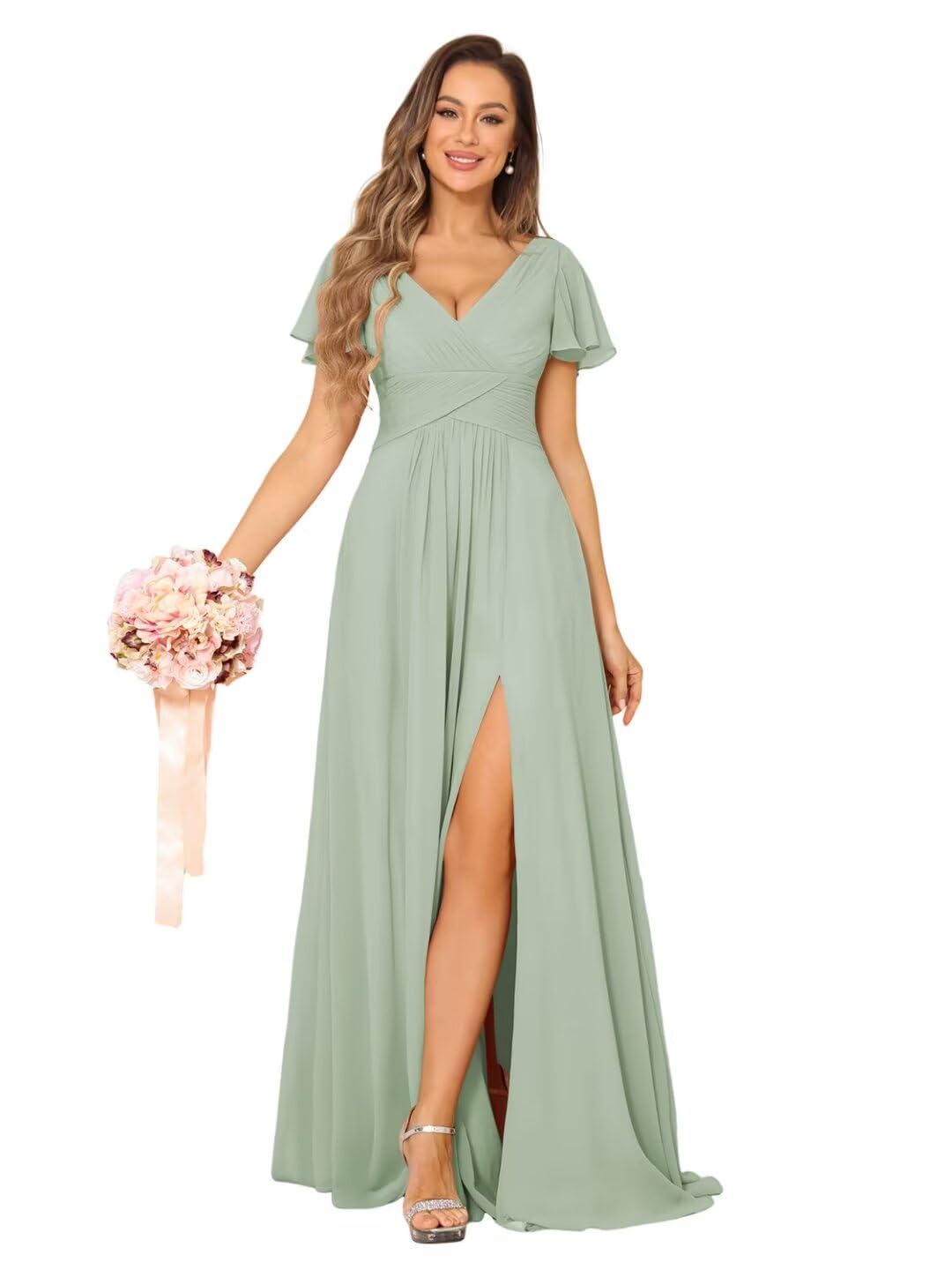 YMSHA Womens V Neck Beach Dress with Pockets High Low Aline Pleated Formal Evening Dresses Sage 6