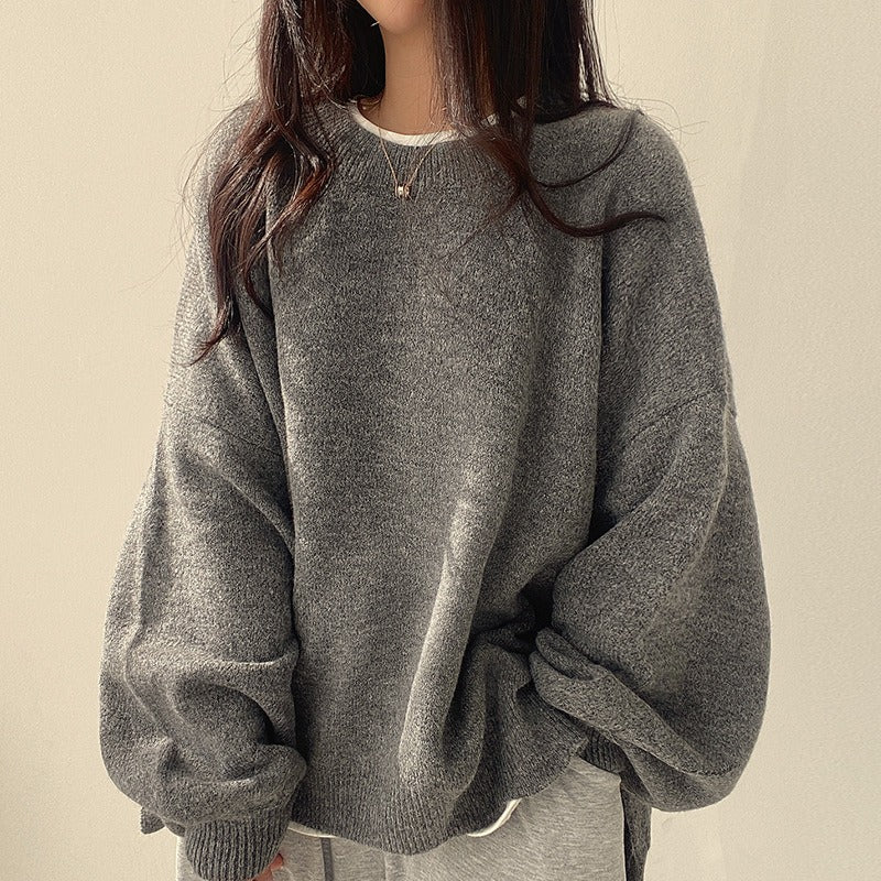 Casual Solid Crew Neck Split Long Sleeve Sweater