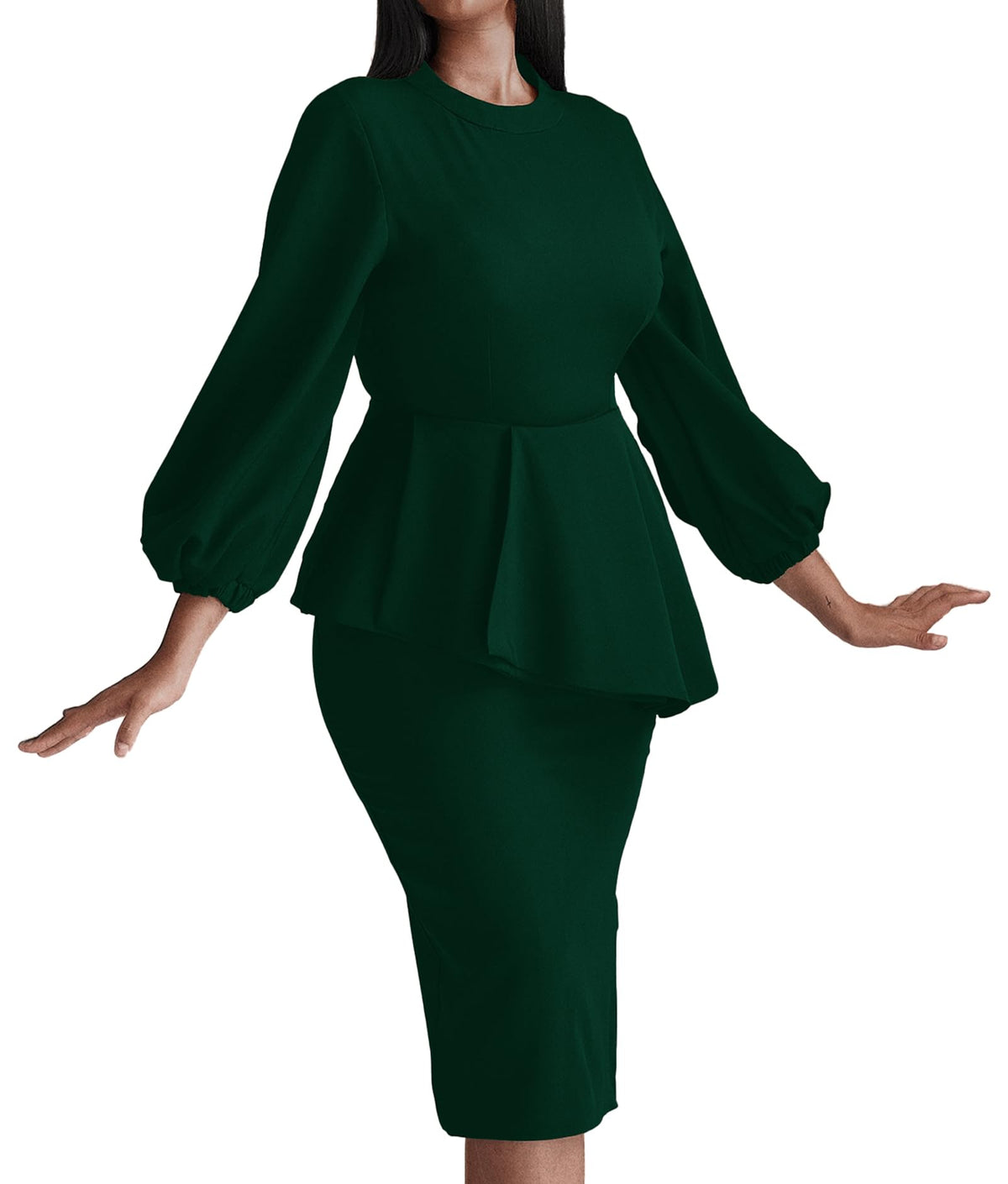 Runwind Plus Size Dresses Women Midi Church Wear to Work Church Vintage Pencil Dresses Crewneck Long Sleeve Green